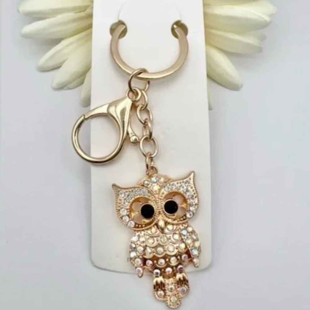 Clear and Iridescent Pink Rhinestone Gold Owl Keychain